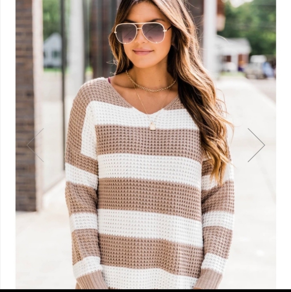 Pink Lily Brown and White V-Neck Sweater
